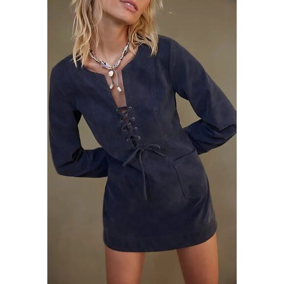 New Free People Bradley Faux Suede Shift Style Mini Dress $168 X-SMALL Lace-up - Picture 1 of 4